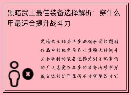 黑暗武士最佳装备选择解析：穿什么甲最适合提升战斗力
