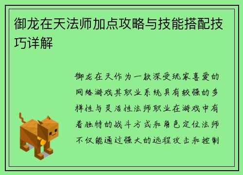 御龙在天法师加点攻略与技能搭配技巧详解